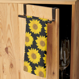 Yellow Sunflowers on Black Floral Tea Towel