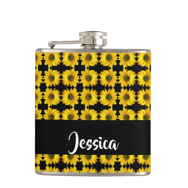 Yellow sunflowers on black hip flask (Front)