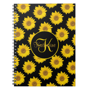 Yellow Sunflowers on Black Monogram Notebook