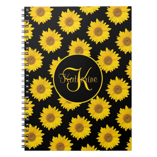 Yellow Sunflowers on Black Monogram Notebook (Front)
