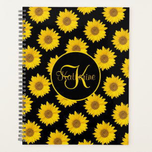 Yellow Sunflowers on Black Monogram Planner