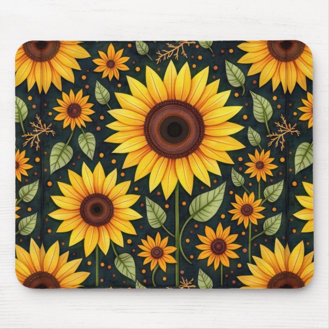 Yellow Sunflowers On Black Mouse Pad (Front)