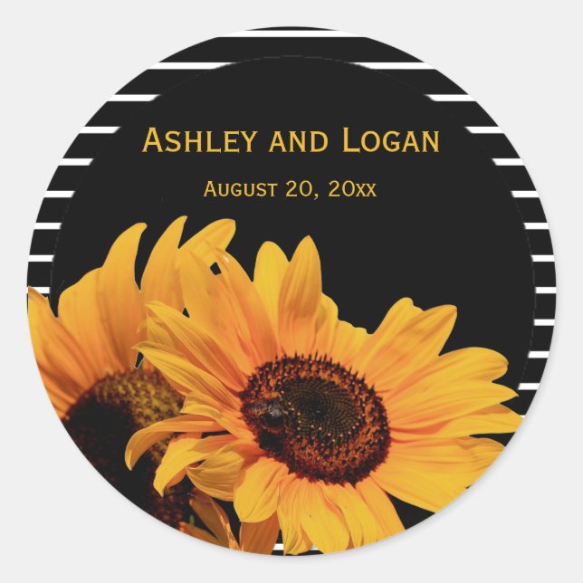 Yellow Sunflowers on Black Wedding Favour Seals (Front)