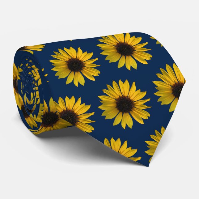 Yellow Sunflowers on Dark Blue Background Tie (Rolled)