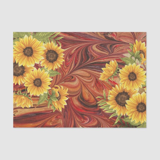 Yellow Sunflowers on Red Marble Decoupage Tissue Paper (Front)