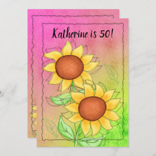 Yellow Sunflowers on Textured Pink Green Floral Invitation