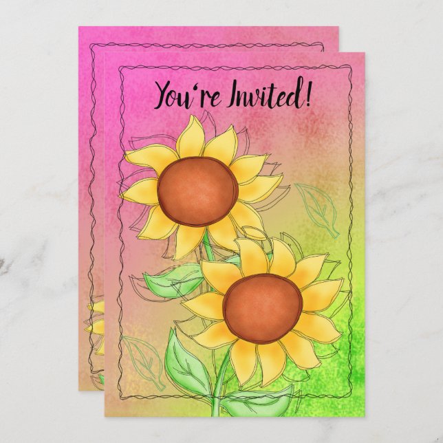 Yellow Sunflowers on Textured Pink Green Floral Invitation (Front/Back)