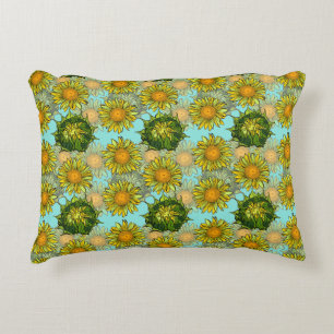 Yellow Sunflowers Pattern with Foliage and Buds Decorative Cushion