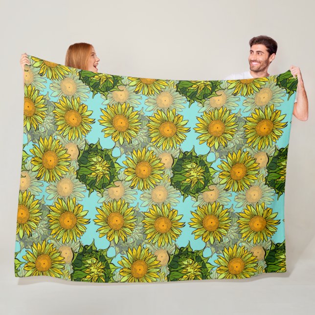 Yellow Sunflowers Pattern with Foliage and Buds Fleece Blanket (In Situ)