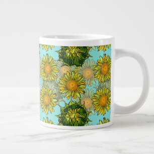 Yellow Sunflowers Pattern with Foliage and Buds Large Coffee Mug