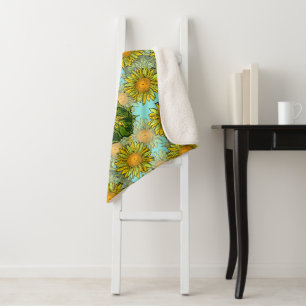 Yellow Sunflowers Pattern with Foliage and Buds Sherpa Blanket