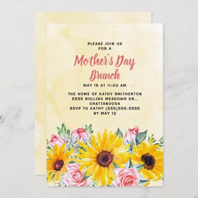 Yellow Sunflowers Pink Roses Mother's Day Brunch   Invitation (Front/Back)