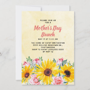 Yellow Sunflowers Pink Roses Mother's Day Brunch Invitation