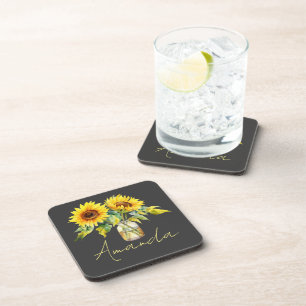 Yellow Sunflowers Pretty Black Minimalist Name Coaster