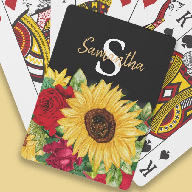 Yellow Sunflowers Red Roses Black Monogram Playing Cards (Sunflowers and roses on black playing cards personalized with your monongram)
