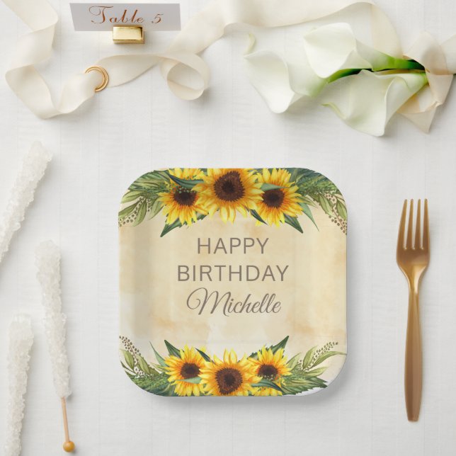 Yellow Sunflowers Rustic Country Happy Birthday  Paper Plate (Wedding)