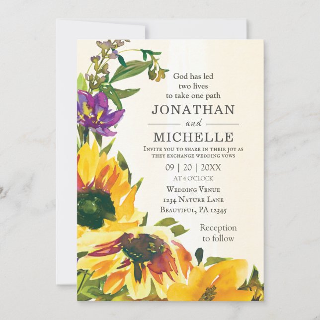Yellow Sunflowers Rustic Floral Christian Wedding Invitation (Front)