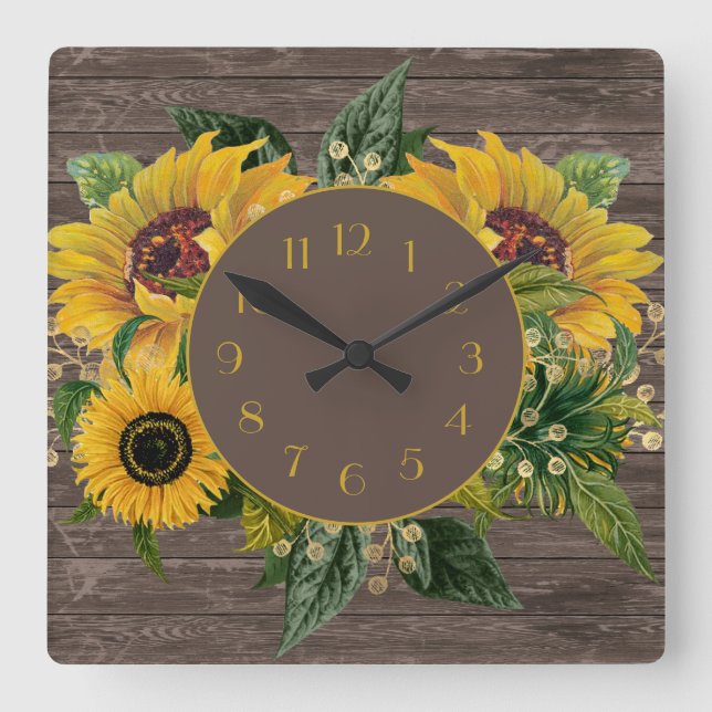 Yellow Sunflowers Rustic Wood Country Square Wall Clock (Front)