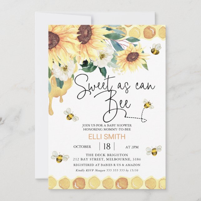 Yellow Sunflowers Sweet As Can Bee Baby Shower Invitation (Front)