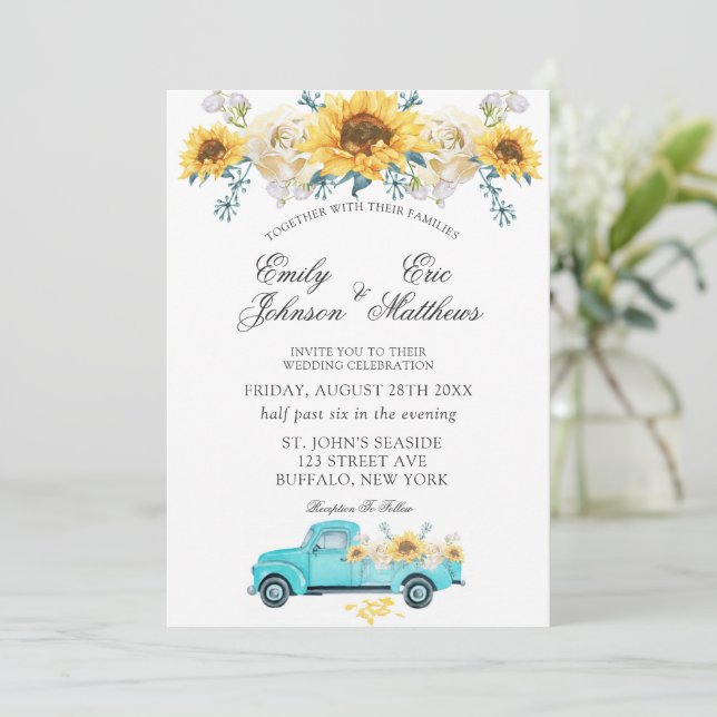 Yellow Sunflowers Turquoise Vintage Truck Wedding Invitation (Standing Front)