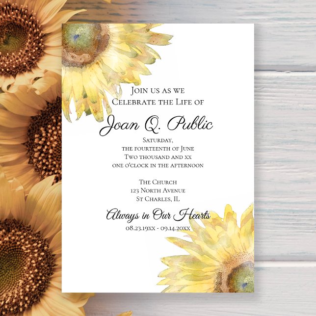 Yellow Sunflowers Watercolor Celebration of Life  Invitation (Creator Uploaded)