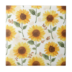 Yellow Sunflowers Watercolor Floral Whimsical Ceramic Tile