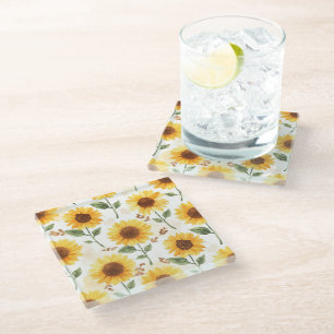 Yellow Sunflowers Watercolor Floral Whimsical Glass Coaster