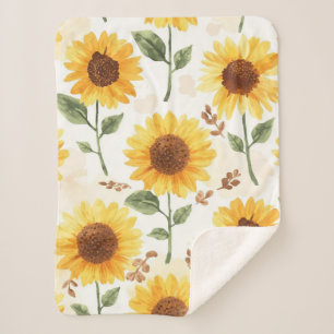 Yellow Sunflowers Watercolor Floral Whimsical Sherpa Blanket