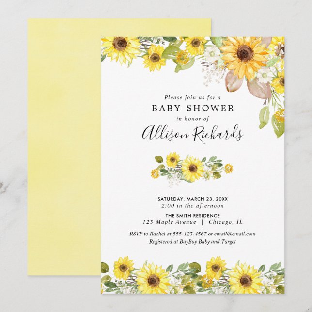 Yellow sunflowers watercolor girl baby shower invitation (Front/Back)
