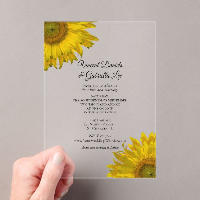 Yellow Sunflowers Wedding  Acrylic Invitations (Insitu (Handheld))