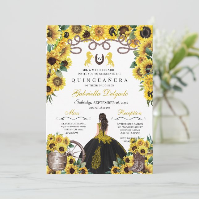 Yellow Sunflowers Western Charro Quinceanera Invitation (Standing Front)