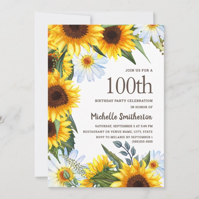 Yellow Sunflowers White Daisies 100th Birthday Invitation (Front)