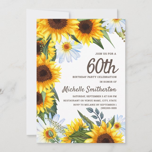 Yellow Sunflowers White Daisies 60th Birthday Invitation (Front)