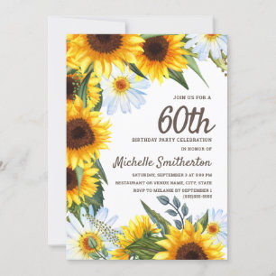 Yellow Sunflowers White Daisies 60th Birthday Invitation