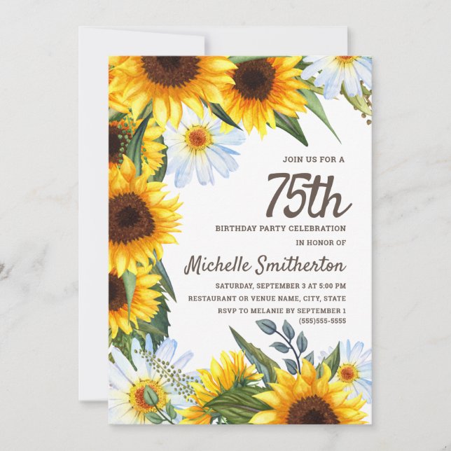 Yellow Sunflowers White Daisies 75th Birthday Invitation (Front)