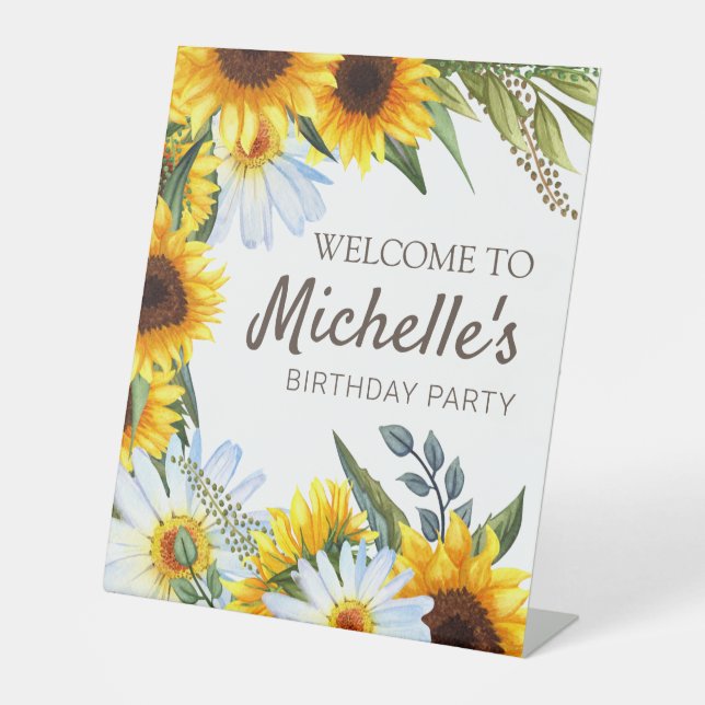 Yellow Sunflowers White Daisies Birthday Welcome Pedestal Sign (Front)