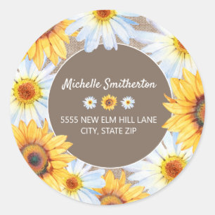 Yellow Sunflowers White Daisies Burlap Address Classic Round Sticker