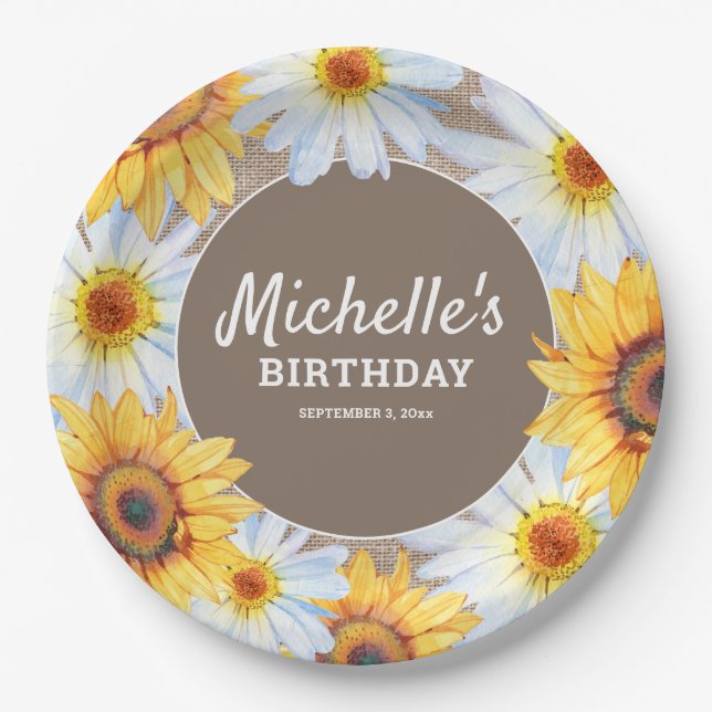 Yellow Sunflowers White Daisies Burlap Birthday Paper Plate (Front)