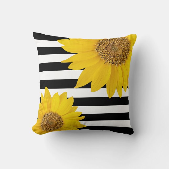 Yellow Sunflowers with Black and White Stripes Cushion (Front)