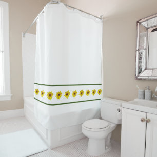 Yellow Sunflowers with Green Borders on White Shower Curtain