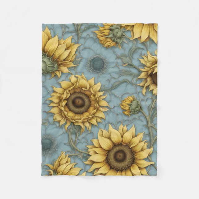 yellow sunflowers with pale blue background fleece blanket (Front)