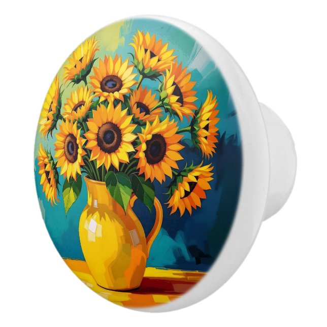 Yellow Sunflowers with Turquoise Background Ceramic Knob (Right)