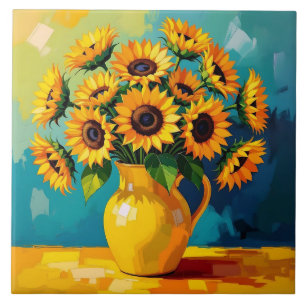 Yellow Sunflowers with Turquoise Background Ceramic Tile
