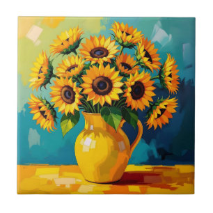 Yellow Sunflowers with Turquoise Background Ceramic Tile