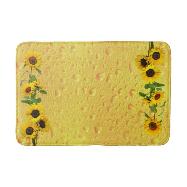 Yellow Sunflowers with water rain drops on glass Bath Mat (Front)