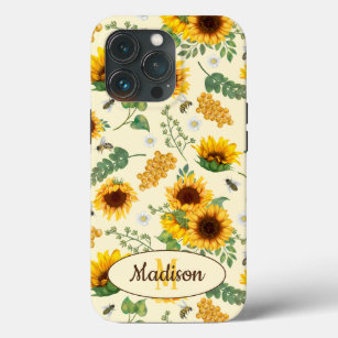 Yellow Sunny Painted Garden Sunflowers Honey Bees iPhone 13 Pro Case