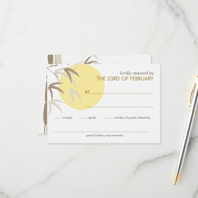 Yellow Sunrise Bamboo Zen Oriental RSVP Card (Front/Back In Situ)