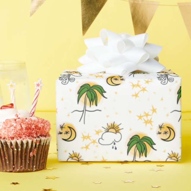 Yellow Suns Stars Moon Green Palm Scrapbook Paper (Birthday Party)