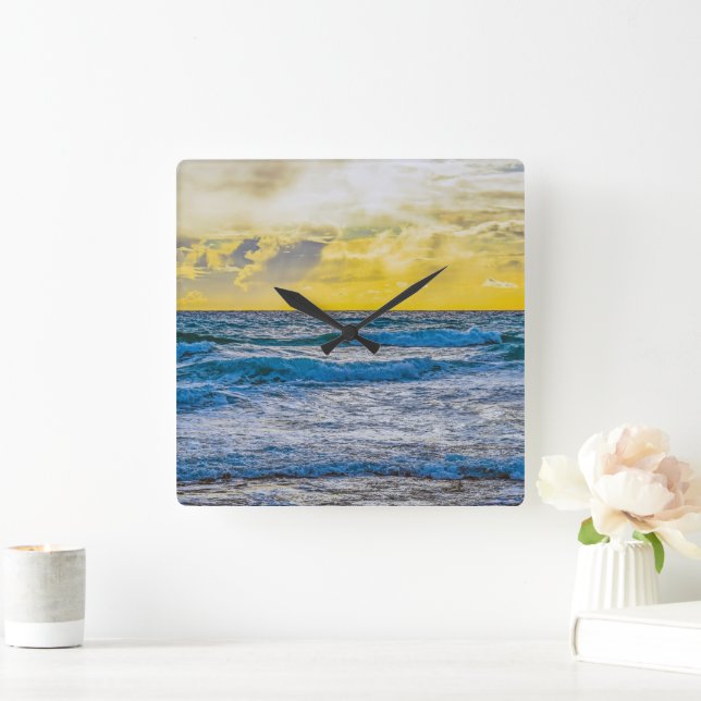 Yellow Sunset Over Blue Sea Square Wall Clock (Home)