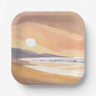 Yellow Sunset Shore Watercolor Airy Painting Paper Plate
